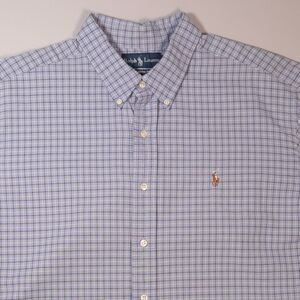 Vintage Ralph Lauren Shirt Mens XXL Blue Plaid Cotton Flesh Pony Button Down